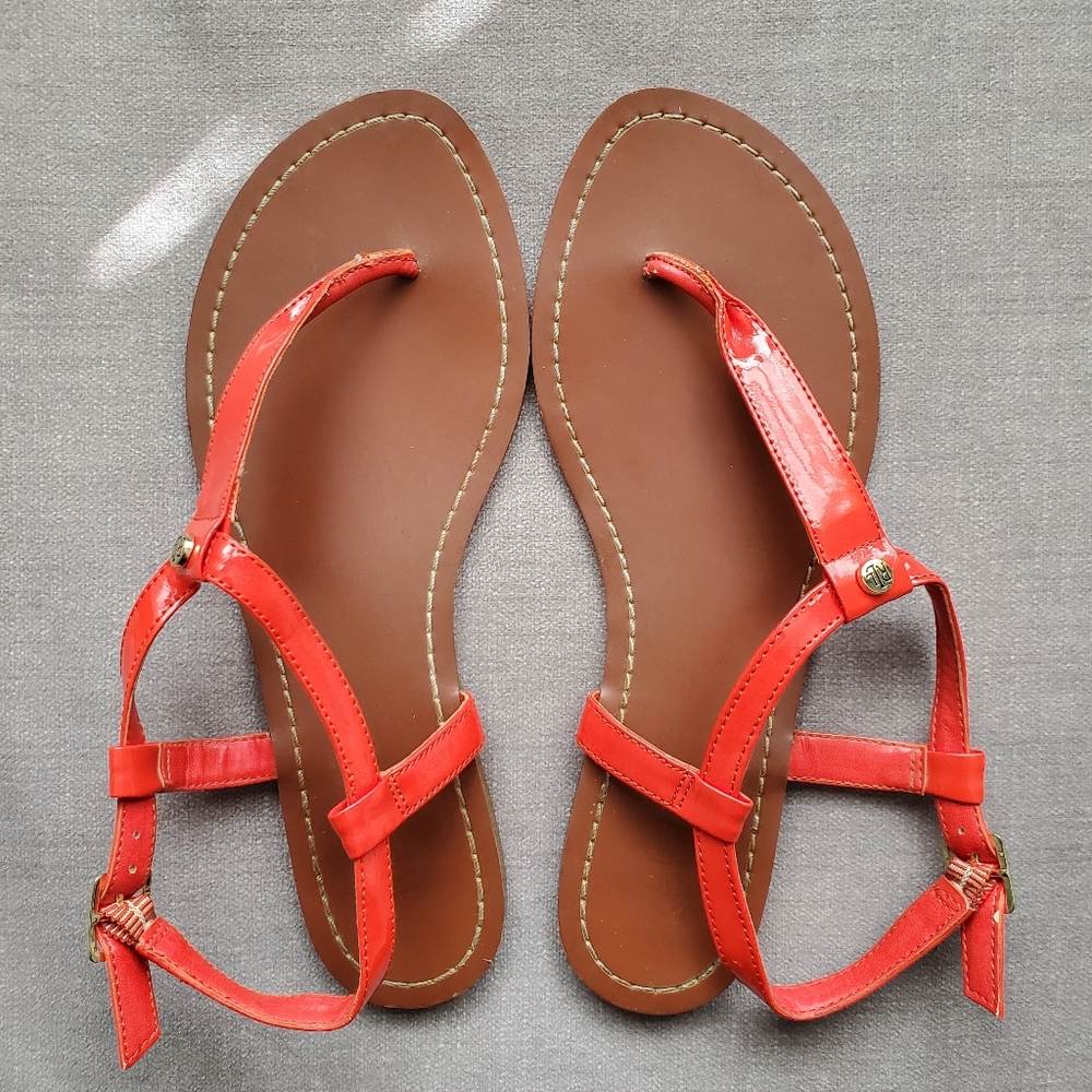 Ralph Lauren T-Strap Flat Sandal Orange Patent Size 8
